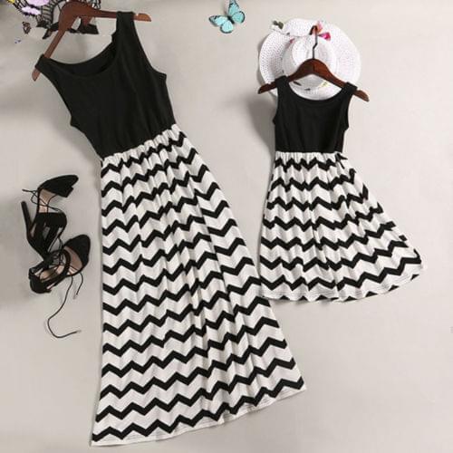 FOCUSNORM 8 Colors Family Matching Mother Girls Summer Dress Outfit Boho Wave Stripe Printed Sleeveless Maxi Dress