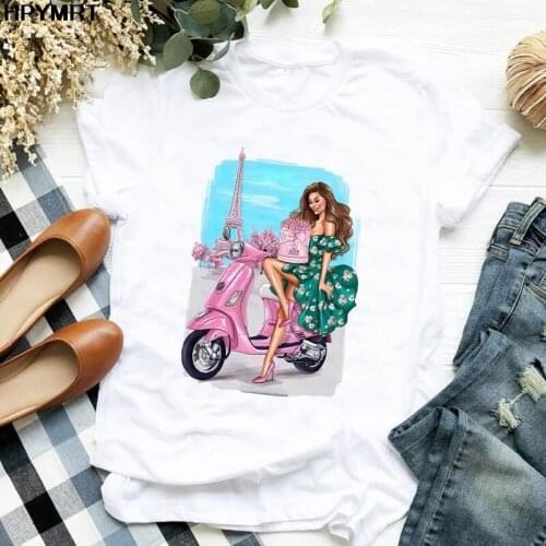 New Fashion Women T-Shirt Cartoon motorcycle beauty Print O-neck T Shirt Female Harajuku Tops Tee Ladies Short sleeve Tee Shirts