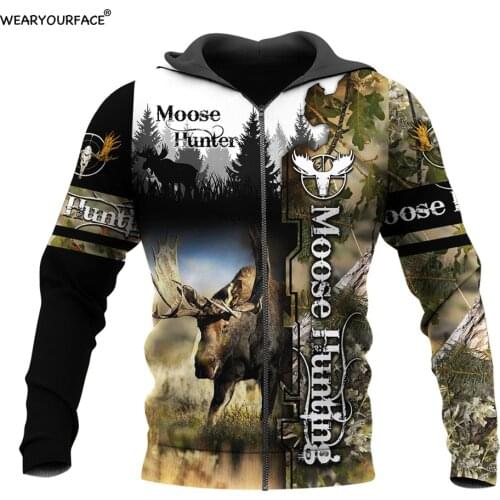 Moose Hunting Camo 3D All Over Print Crewneck Zipper Hoodies Sweatshirts Outdoor Vocation Sports Streetwear Men Unisex Clothing