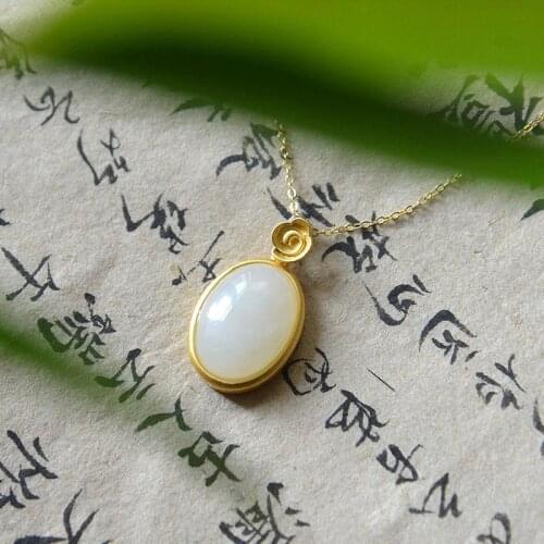 Lingge Natural Hetian Jade White Jade Pendant S925 Sterling Silver Oval Jade Necklace Simple Fashion Big Brands Same Style