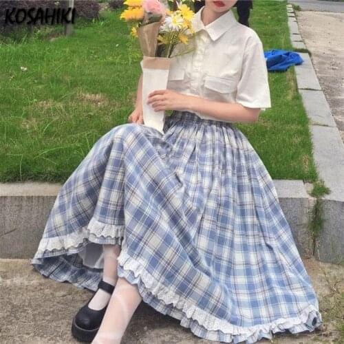 KOSAHIKI Sweet Cute JK Uniform Plaid Long Skirt Summer Japanese Preppy Style Pleated Harajuku Y2k High Waist A-line Skirts