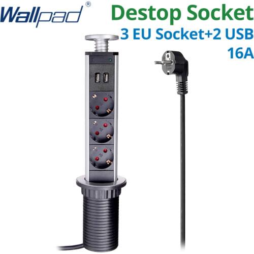Wallpad Pull Pop Up Desktop Socket 3 Outlets 2.4A USB Charge Ports 2M Extension Plug Retractable Aluminum Body For Kitchen Tabel
