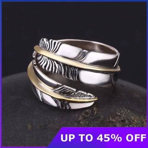 Genuine 925 Sterling Silver for Men Women Biker Rings Vintage Thai Silver Personality Feathers Rings Resizable Punk Jewelry Gift