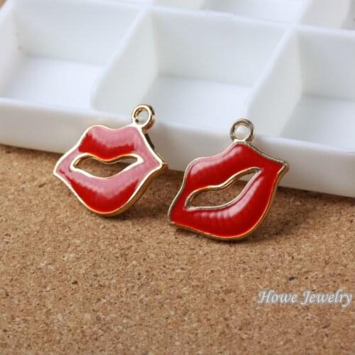 Wholesale 25 pcs Enamel Alloy Gold-color Jewelry Lips Pendants charms for bracelet necklace DIY jewelry making JC-759