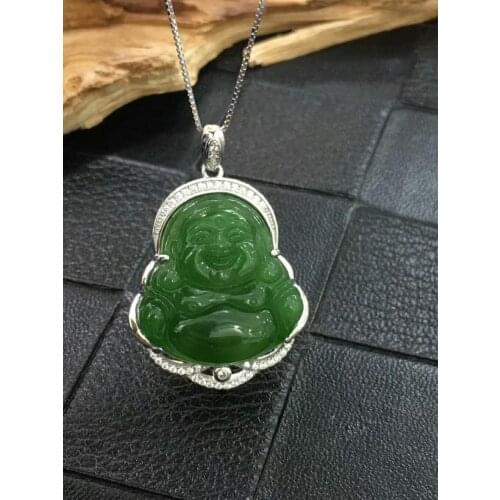 Natural Hetian jade, pendant Pendant of Russian Jasper, female 925 silver inlaid and Tian Biyu smiling Buddha Pendant