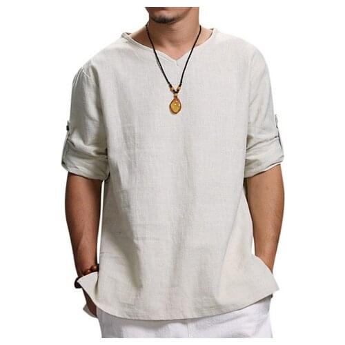 Pullover Cotton And Hemp Mens T-shirt New Soild Color V Neck 3/4 Sleeve