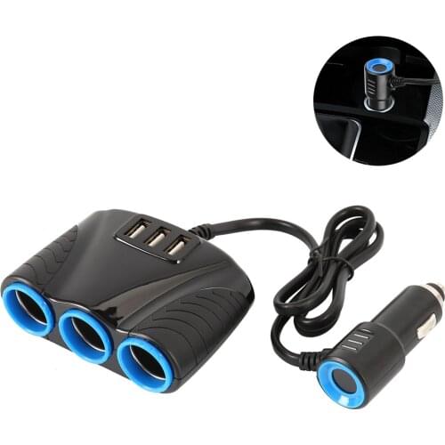 Blue Led Car Cigarette Lighter 3 USB Port 3 Way 3.1A Socket Splitter Hub Power Adapter 12V-24V for IPad Smartphone DVR GPS