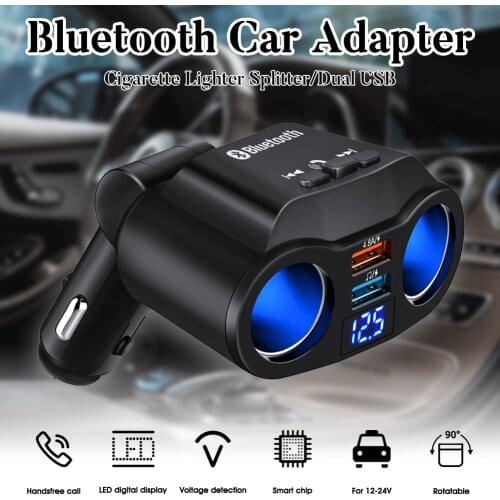 Cigarette Lighter Splitter 90W 12V/24V Bluetooth USB Car Charger 2 Sockets With LED Voltage Display