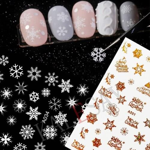 Merry Christmas Nail Art Decals Decoration Nail Art Stickers Manicure Design 3D Laser Gold White Snow Sticker for Nail Design