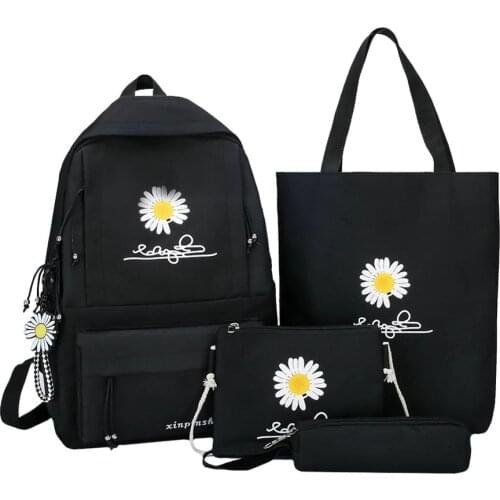 Preppy Style Daisy Print Backpack 4pcs/Set Canvas Shoulder Bag Pencil Clutches Outdoor Shopping Accessaries Supplies
