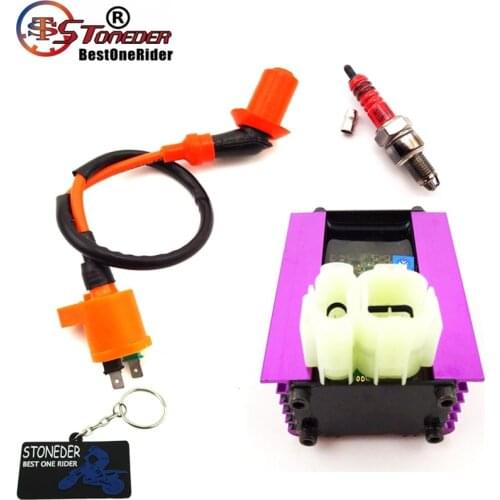 STONEDER 6 Pin Adjuster AC CDI + Ignition Coil + 3 Electrode A7TC Spark Plug For 50cc 125cc 150cc ATV Quad GY6 Scooter Moped