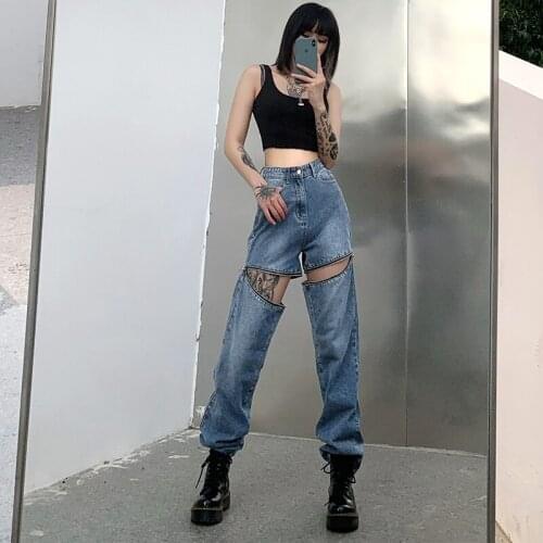 European Spring New Retro Denim Distressed Design Sense Zipper Hollowed Out High-waisted Straight Jeans Women Pants Fashion 2021