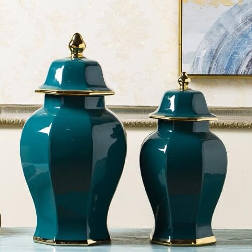 Hot sale blue glaze high temperature fired handcrafted porcelain ginger jar art home and hotel ceramic temple jar vase