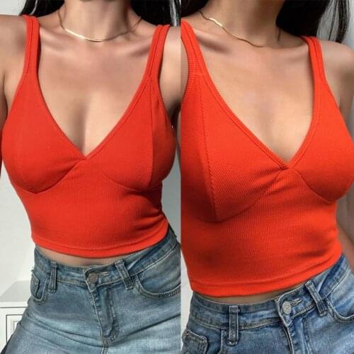 Womens Sleeveless Ribbed Knit Cropped Tank Top Sexy Deep V-Neck Bright Orange Slim Camisole Summer Elastic Sling Vest