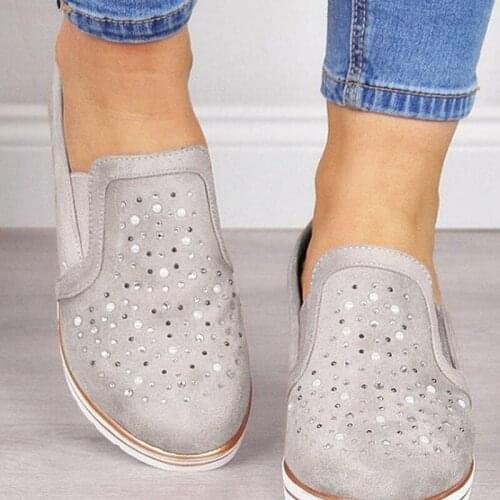 2021 Cow Suede Bling Autumn Shoes Woman Hot Wedges Shoes For Ladies Fashion Slip-On Round Toe Casual Flat Shoes Flats