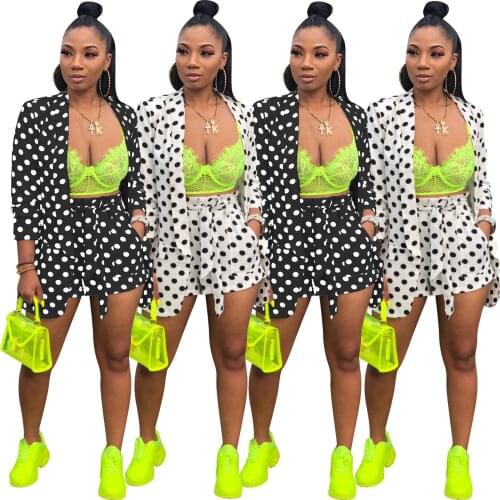 2021 Summer Womens Polka Dot Printed Long Sleeve Bowknot Shorts Two Piece Set Elegant Fashion Sexy Trend Wild Personality