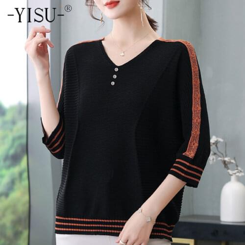 YISU Women Casual Middle sleeve Sweater Pullover Tees Summer O-Neck Stitching color Slim Knitted pullover Loose Thin T-shirt