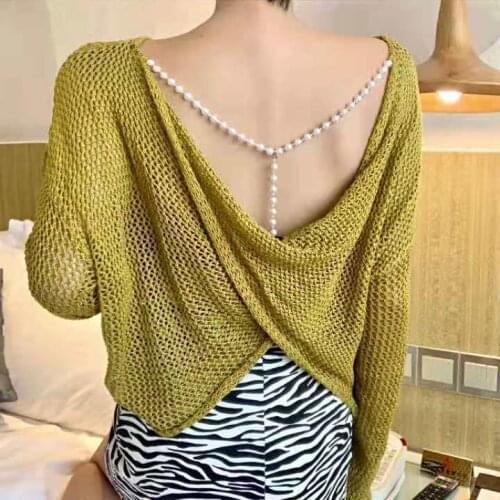 Pearl Chain Backless Knitwear Tops Sexy Back Cross Hollow Out Pullover Spring Womens Vintage Long Sleeve Loose Knitted Sweater
