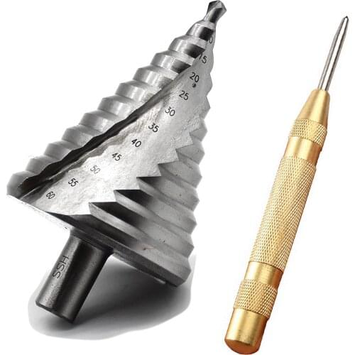 1pc 6-60mm HSS Spiral Grooved Step Drill Bit+ 1pc 5 Inch Automatic Center Pin Punch Wood Step Cone Drill Hole Cutter Tool