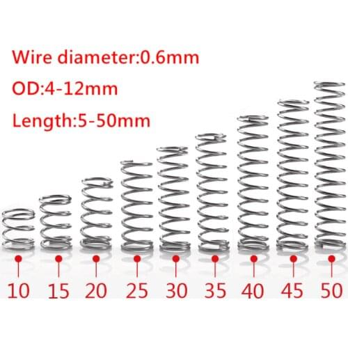 10PCS 304 Stainless Steel Micro Small Compression Spring Wire Diameter 0.6mm Outer Diameter 4-12mm Length 5mm to 50mm
