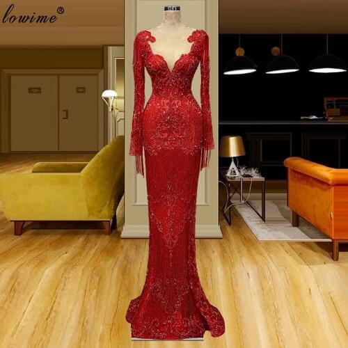 2020 Elegant Red Evening Dresses Long Sleeves Beading Evening Gowns Arabic Prom Dresses For Women Party Night Vestidos Sukienki