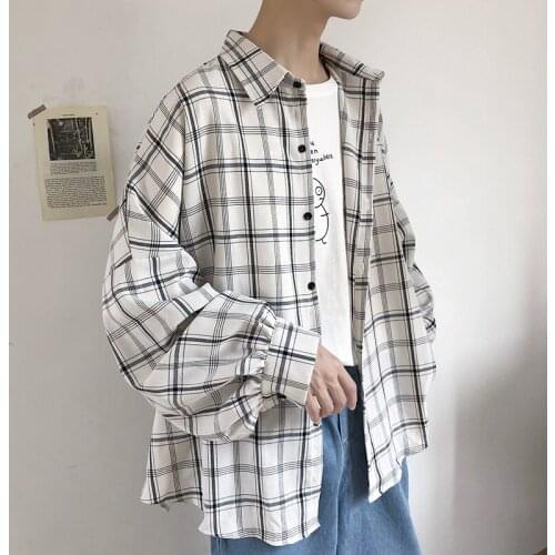 2021 Autumn Mens Clothing Lattice Printing Hawaiian Shirt Male Long Sleeve Bf Shirt French Cuff Mens Fashion White Shirts M-2XL