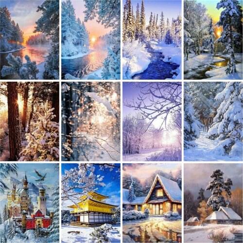 Huacan 5d Diamond Embroidery Complete Kit Winter River Diamond Painting Full Square Mosaic Tree Forest Landscape Wall Decor