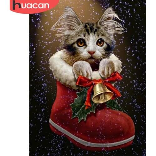 HUACAN 5D DIY Diamond Painting Cat Full Square New Arrival Diamond Embroidery Animal Mosaic Christmas Boot Home Decor