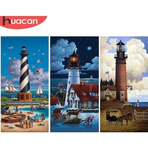 HUACAN 5D DIY Diamond Painting Kit Landscape Diamond Embroidery Cross Stitch Lighthouse Rhinestones Mosaic Decor For Home