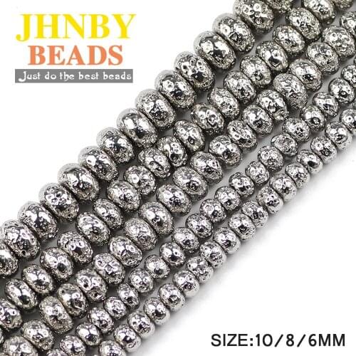 JHNBY White Gold Lava Natural Stone 6/8/10MM silvers Flat Round Hematite Loose beads for Jewelry bracelets necklace Making DIY