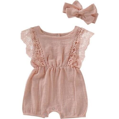 Summer Baby Girl Rompers Newborn Baby Clothes Toddler Flare Sleeve Solid Lace Design Romper Jumpsuit With Headband One-Pieces