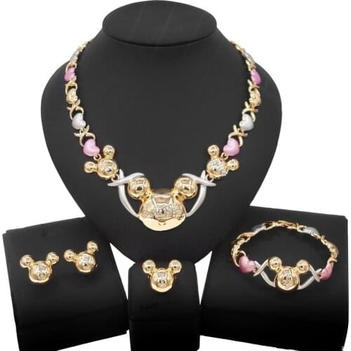 Yulaili Minnie Mickey Xoxo Women Gold Plated Jewelry Set Hot Wedding African Kiss and Hug I Love You Crystal Jewelry Sets Gifts