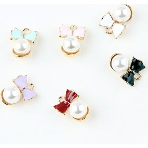 MRHUANG 10pcs imitation pearl bow floating Enamel Charms Alloy Pendant fit for bracelet DIY Fashion Jewelry Accessories