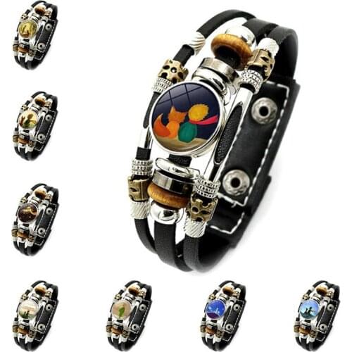 Le Petit Prince B-612 Planet Punk Leather Bracelet The Little Price Fox Rose Glass Snap Button Vintage Multilayer Bracelet Men