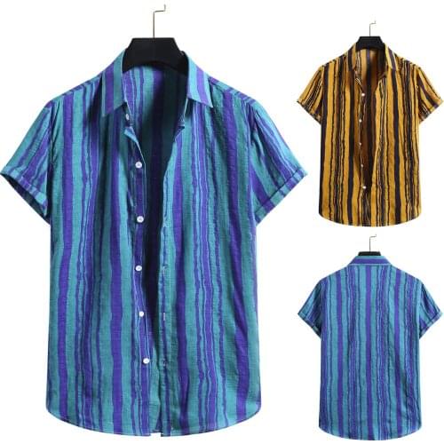 Fashion Men Summer Stripe Shirt Cotton Linen Button Print Short Sleeve Shirt Mens Blouse Top Blusas Masculinas Moda 2021 Chemise
