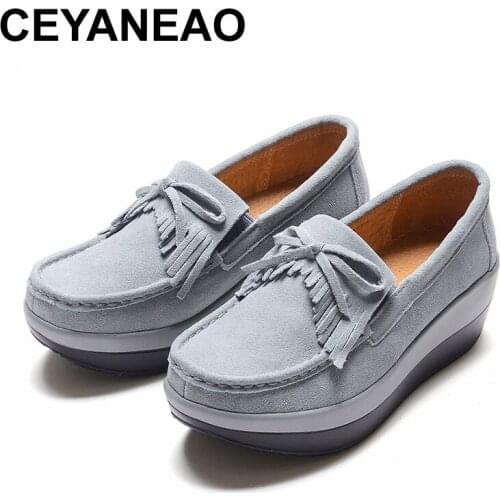 CEYANEAO Womens Shoes Flat Moccasins Cow Suede Leather Shoes Spring Autumn Womens Loafers Female Woman Fringe Shoe