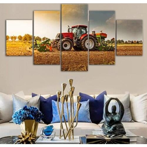 Red Tractor Harvester On Farm Wall Art Pictures 5 Pieces Modern Home Decor HD Canvas Prints Living Room Modular Painting