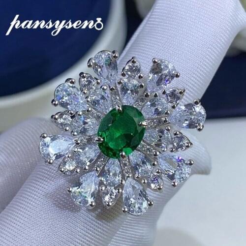 PANSYSEN New Arrival Real 925 Sterling Silver Emerald Created Moissanite Gemstone Diamond Ring Flower Cocktail Fine Jewelry Gift