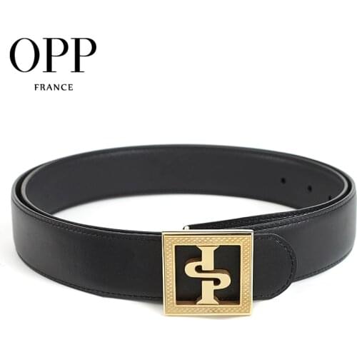 OPP Mens Belts Fashion Business Casual Leather Belt Leather Metal Pin Gold Buckle Black Belt For Men