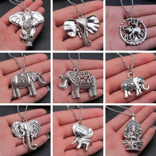 Thai Elephant Pendant Necklace Fashion Vintage Antique Silver Color Big Elephant Necklace Long Chain Metal Chain Necklace
