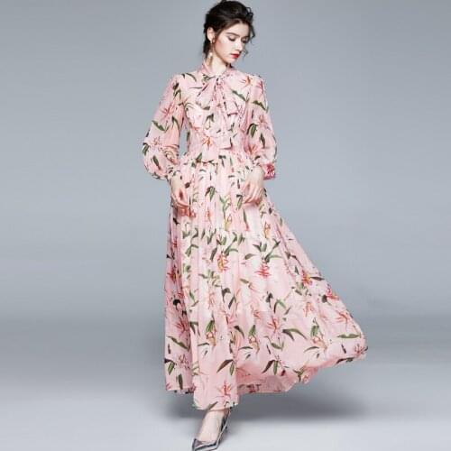 WTIANYUW Holiday style Elegant Big Swing Long Maxi Chiffon Dresses Women Spring Fall Bow tie Lantern Sleeve Lily Printting Dress
