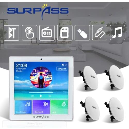 Touch Screen In Wall Amplifier Bluetooth FM 4 Channel HiFi Stereo Sound Audio PA Ceiling Speaker Kit Smart Home Theater System