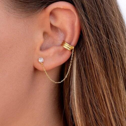 Personality 925 Sterling Silver Geometric Clip on Earrings For Women Gold Color Round Zircon Tassel Pierced Earring Ear Cuff