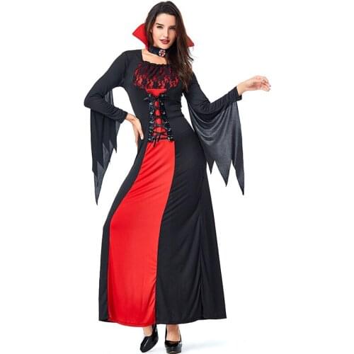Halloween For Women Adult Coplay Vampire Bat Stage Costume Night Club Party Dress Up Red Black Lace Devil Bat sleeve Long Dress