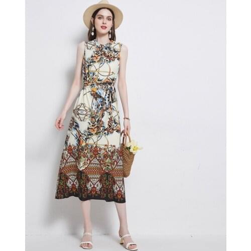 Summer Women Vintage Print Dress Runway High-End Elegant Party Robe Femme Retro Designer Loose Lace-Up A-Line Dresses Vestidos