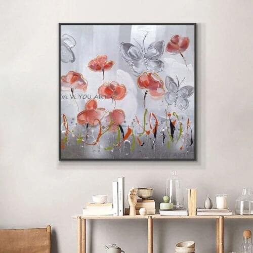 100% Hand Painted Oil Painting Abstract Flowers With Butterfly Painting On Canvas Handmade Decorative Wall Art ForLiving Room