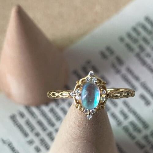 BOCAI New 100% Solid s925 Silver Woman Ring Gold-plated Moonstone Ring for Woman delicate elegant retro court style
