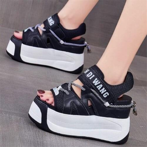 Punk Goth Womens Cow Leather Sandals Platform Wedge Fashion Sneaker Open Toe High Heel Summer Ankle Boots