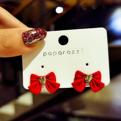 Christmas Red Bowknot Earrings Versatile Simple S925 Silver Needle Ear Stud Female 2021 New Trend Girl Party Ornament
