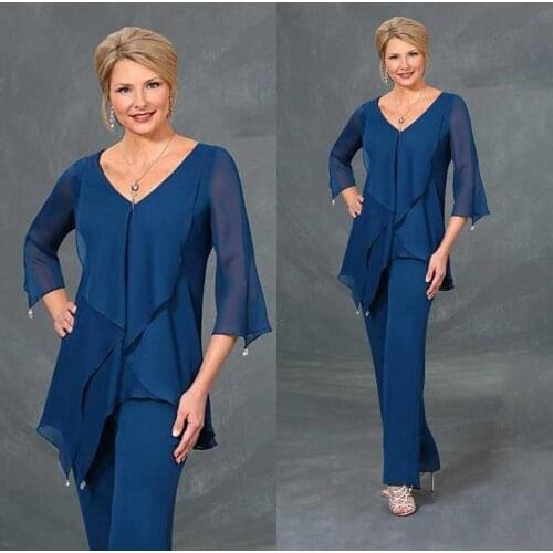 Elegant Dark Blue Mother Of The Bride Dresses Ankle Length Chiffon Mother Bride Dresses Plus Size V Neck Wedding Guest Dress